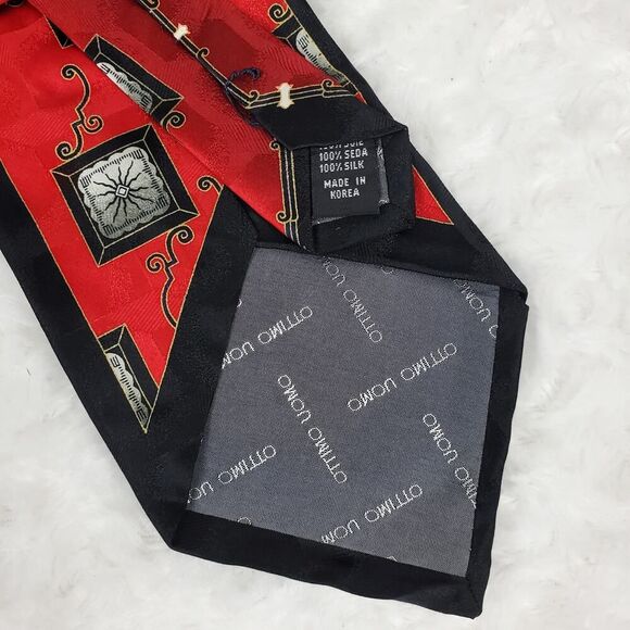 Ottimo Uomo Silk Tie & Pocket Square Set Red Print - Picture 6 of 9